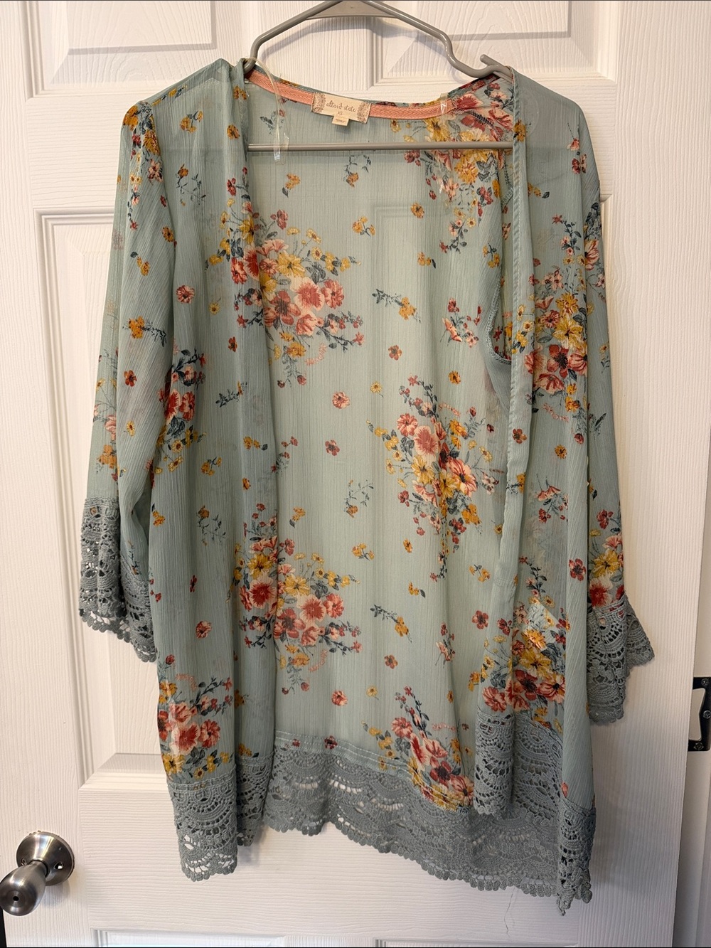 Altar'd State Sage Blue Floral Lace-Trim Kimono